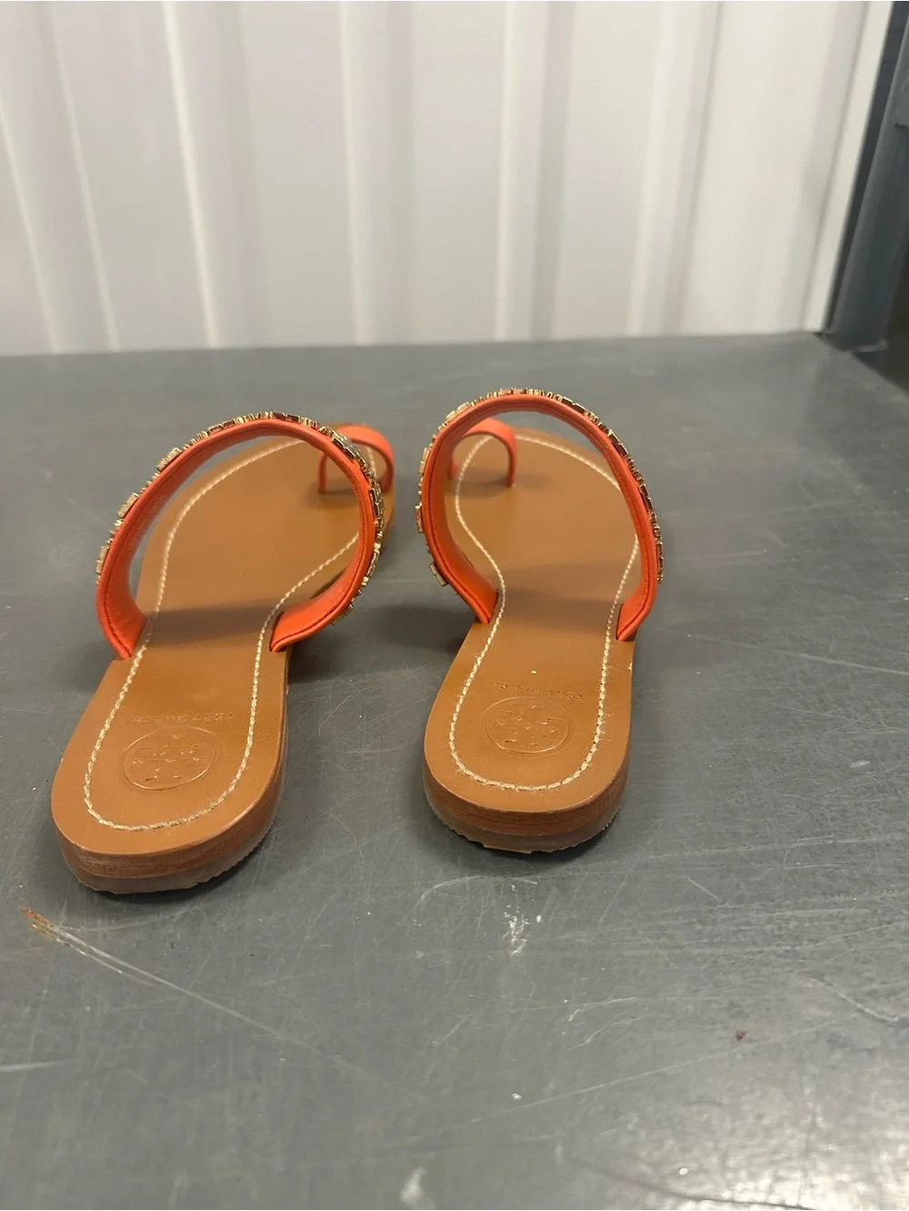 Tory Burch Orange Leather Jolie Toe Ring Slide Sandals Gold Hardware Size 6M